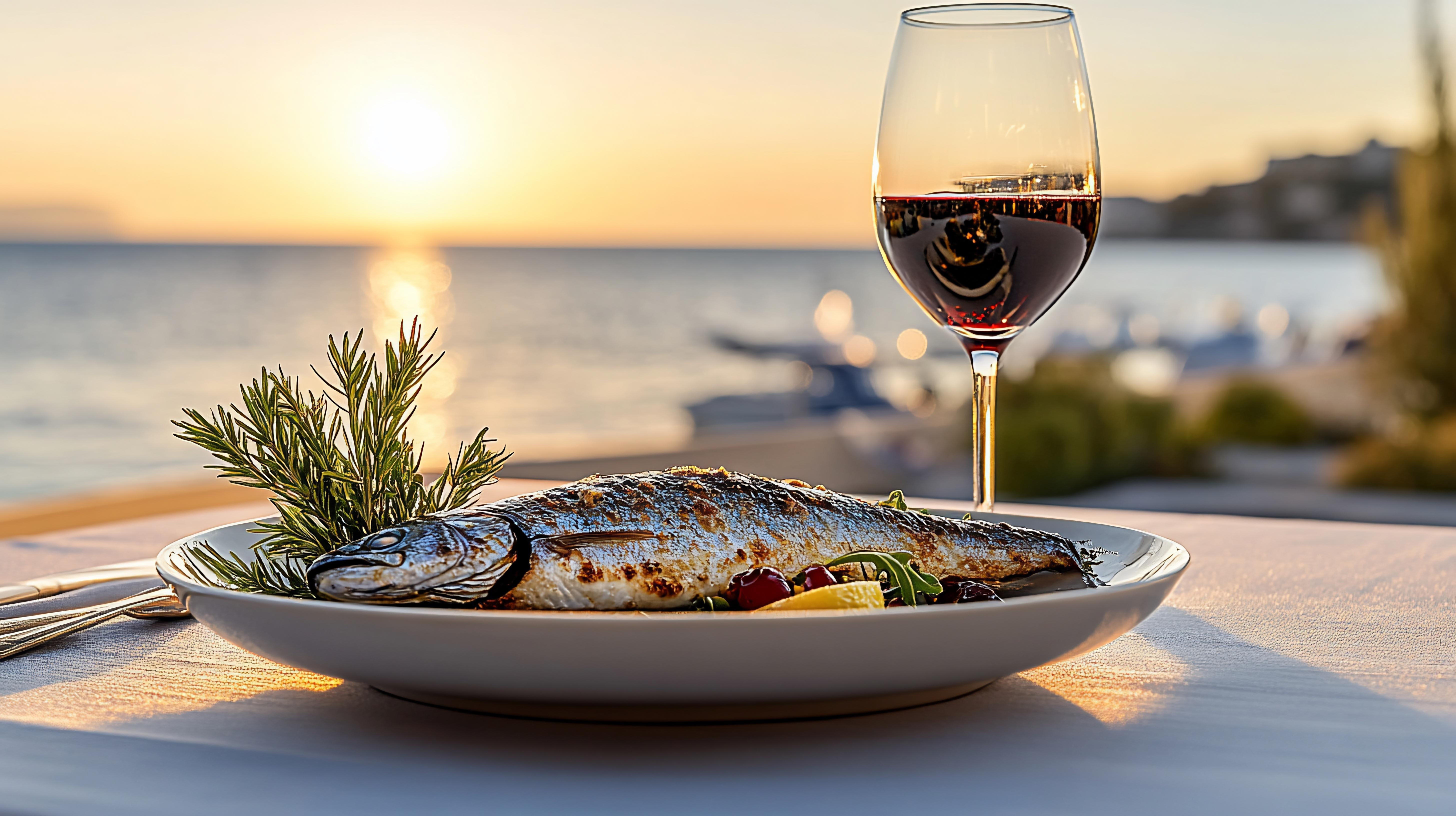 Vin rouge et bar cuit au barbecue